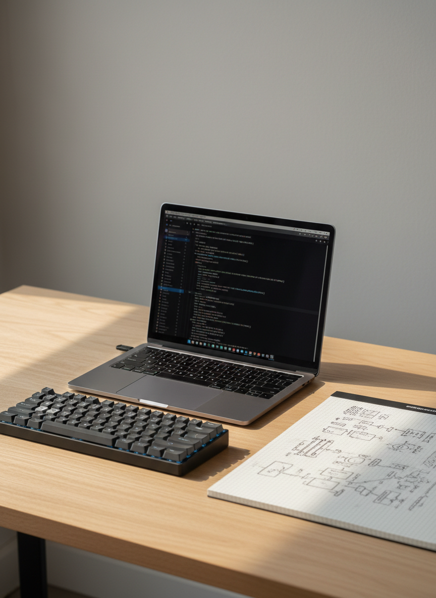 A neatly arranged minimalist desk setup for a professional developer’s personal blog, featuring a slim silver laptop with clean code visible on its screen, a dotted-grid notebook open with tidy handwritten diagrams, and a dark mechanical keyboard with subtle backlighting. Everything rests on a light wood desk against a plain, soft-gray wall with no decorations or text. Diffused daylight from an unseen window to the left creates gentle, natural shadows and a calm, focused atmosphere. Photographed at eye level with a slight angle, using shallow depth of field so the laptop and notebook are in crisp focus while the edges of the desk softly blur, conveying a quiet, reflective work session in photographic realism.