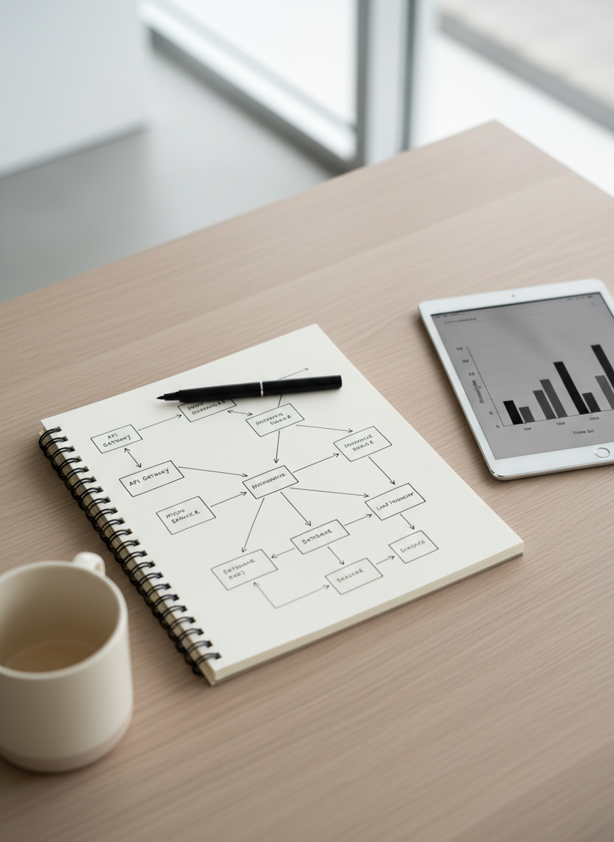 A close-up overhead view of a developer’s working surface, centered on an open notebook filled with neatly sketched system architecture boxes and arrows, surrounded by a tablet displaying a simple monochrome chart, a black pen, and a single neutral-toned ceramic mug. The desk is a smooth, light oak surface with no clutter, against a softly out-of-focus background edge suggesting a clean room. Soft overcast daylight from above and to the right creates even, shadow-free illumination, emphasizing clarity and structure. The composition uses the rule of thirds, with the notebook slightly off-center, creating a professional, analytical mood in a clean, photographic style.